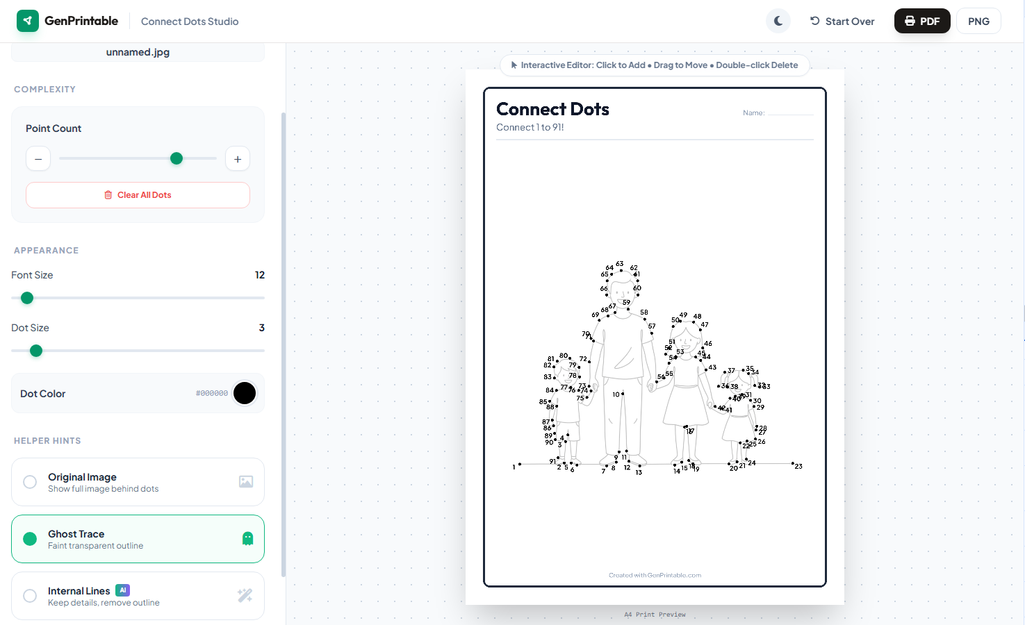 AI Generator vs 2000+ dot puzzles printable maximum difficulty comparison, showing a static 2500 dot puzzle next to a customizable 5000+ dot computer screen interface.