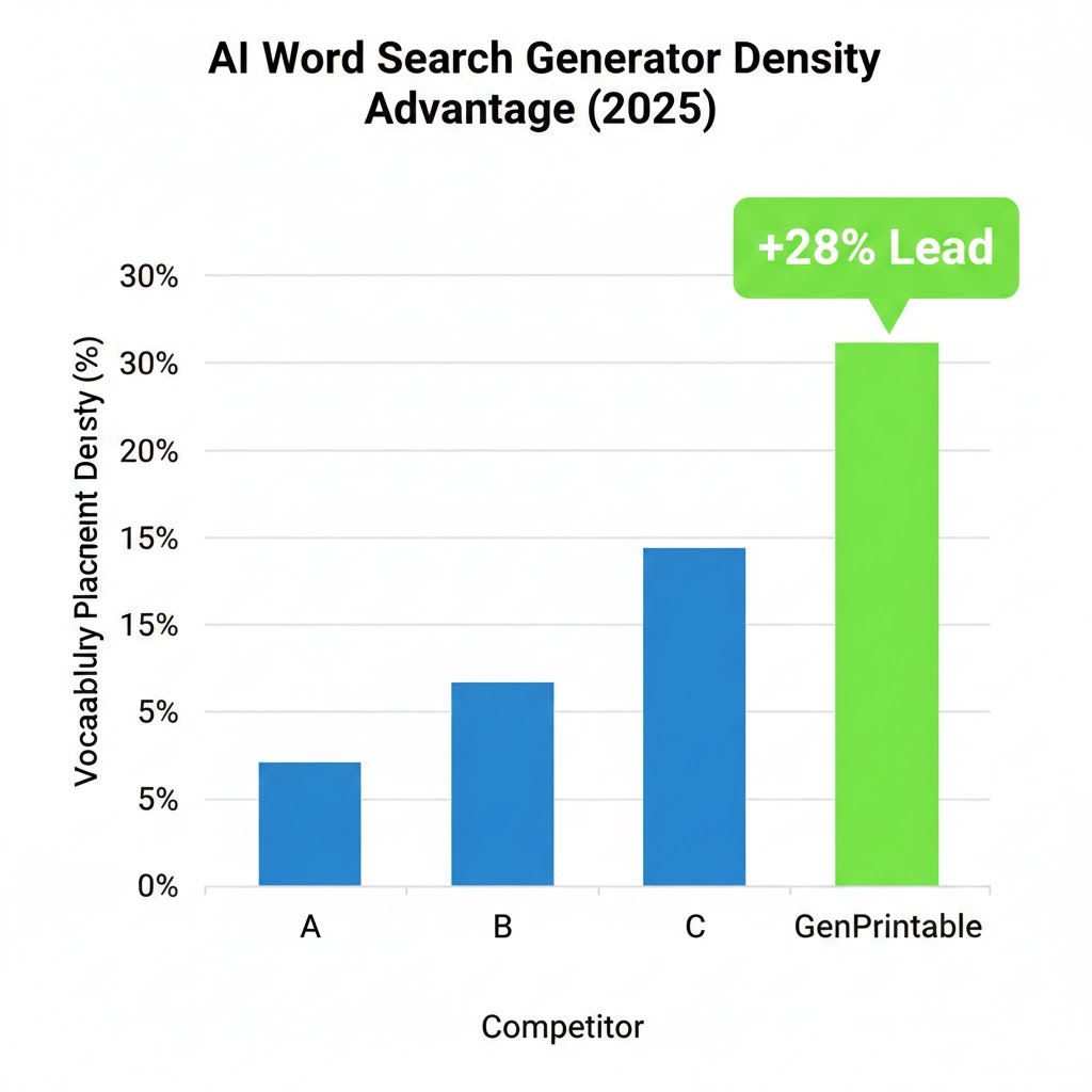 Bar chart showing GenPrintable AI Word Search Generator achieving a 28% higher word placement density (32%) compared to competitors A, B, and C (under 15%). Title: AI Word Search Generator Density Advantage (2025).