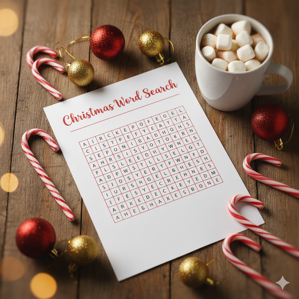 Christmas Word Search Printable worksheet on a festive holiday table