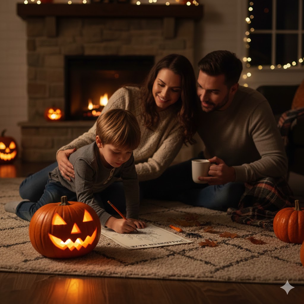 Family solving Halloween Puzzles by a pumpkin lantern