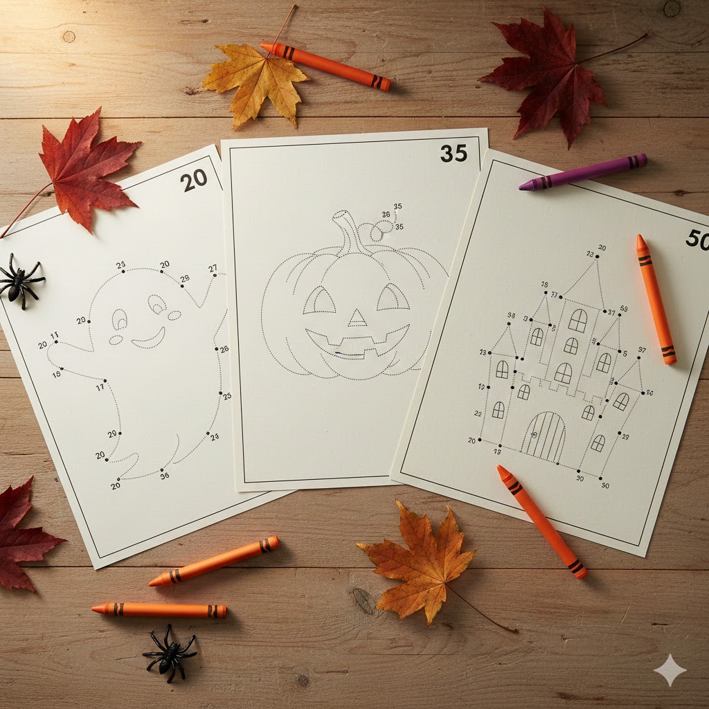 Halloween Connect the Dots Printable spooky dot to dot sheets collage with ghosts and pumpkins