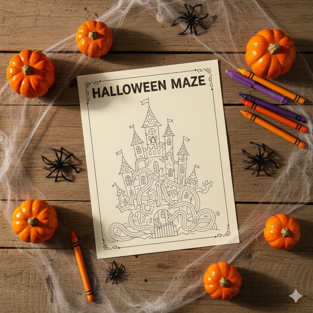 Kids solving Halloween maze worksheets during a classroom party