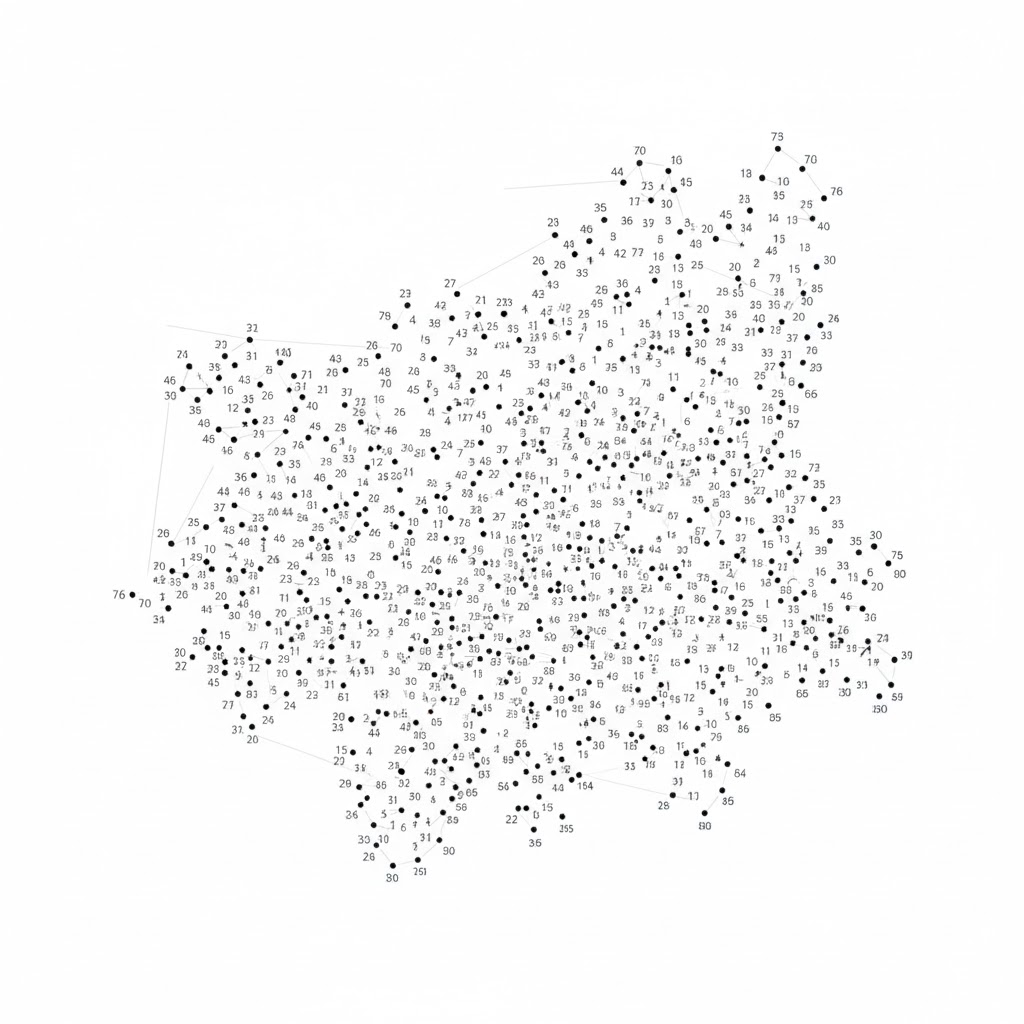 2000+ dot puzzles printable abstract art: Chaos Theory completed image showing complex, non-linear geometric lines and extreme detail, black and white.