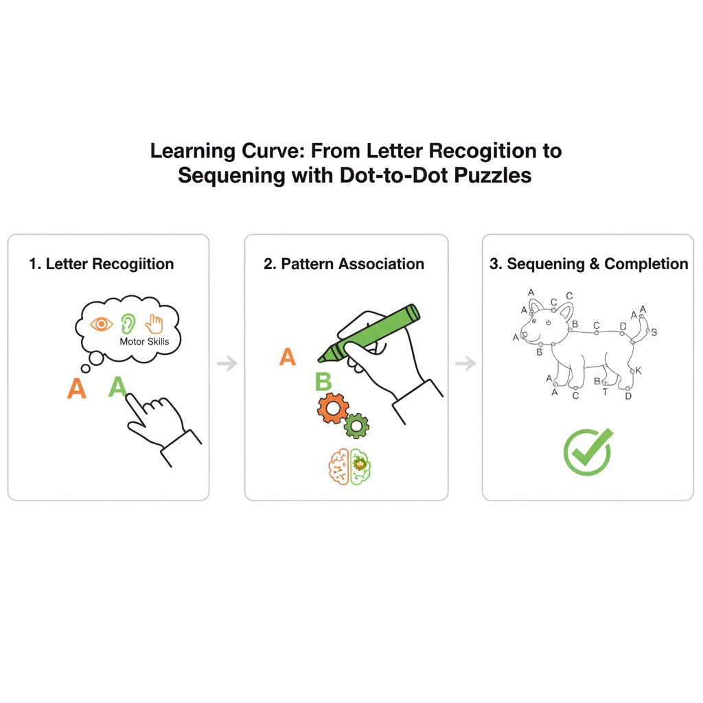 Diagram illustrating the learning curve from letter recognition to sequencing using dot to dots