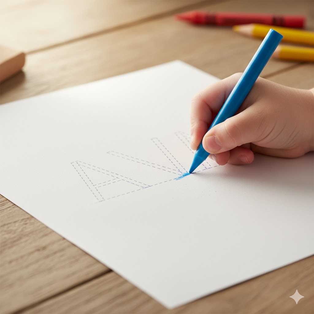 Child using Large Font tracing sheet with Dot-to-Dot Lines, ideal for Preschool Name Tracing Worksheets