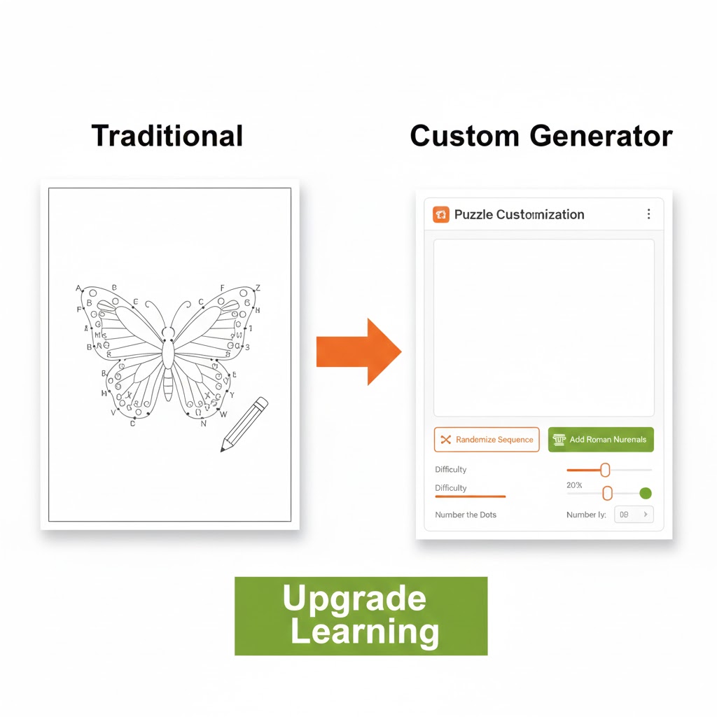 Comparison of static sequential alphabet connect the dots printable vs custom randomized worksheet generator