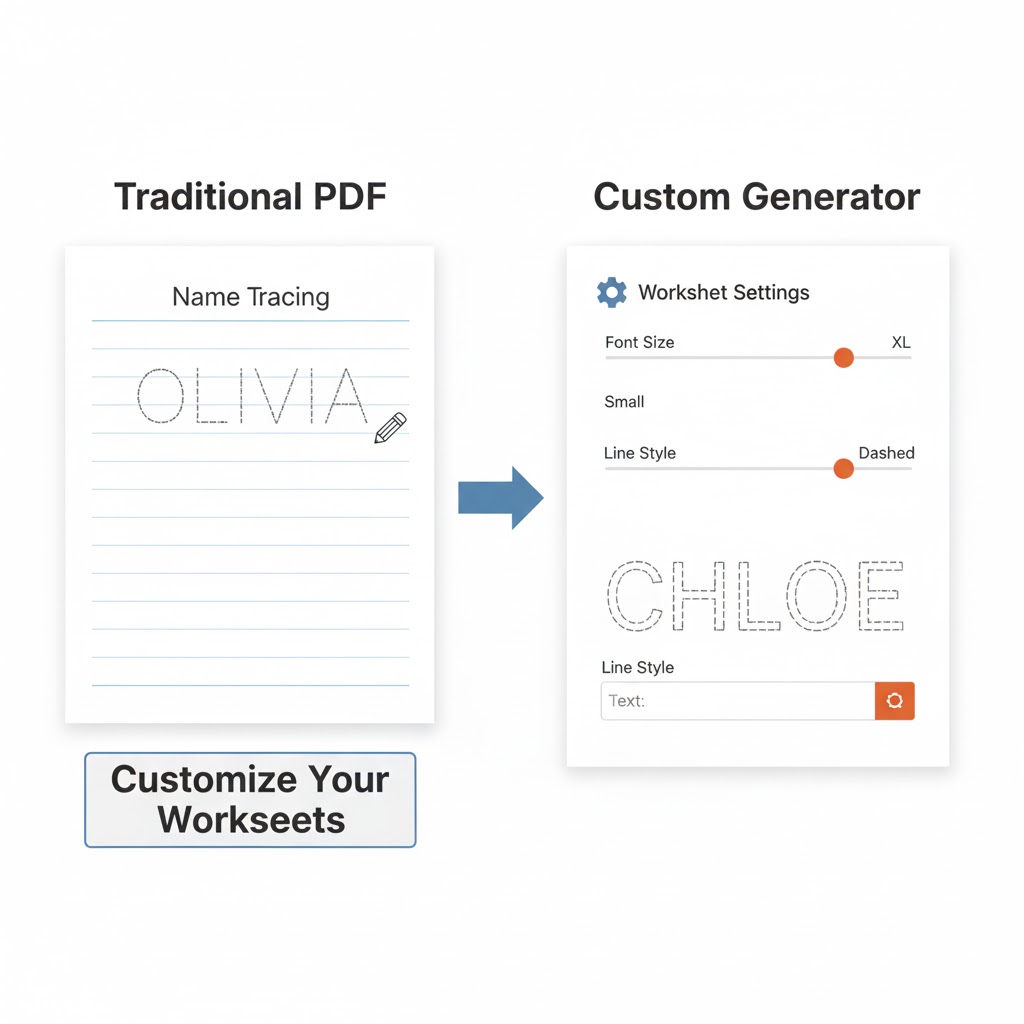 Comparison of static versus custom-generated Preschool Name Tracing Worksheets