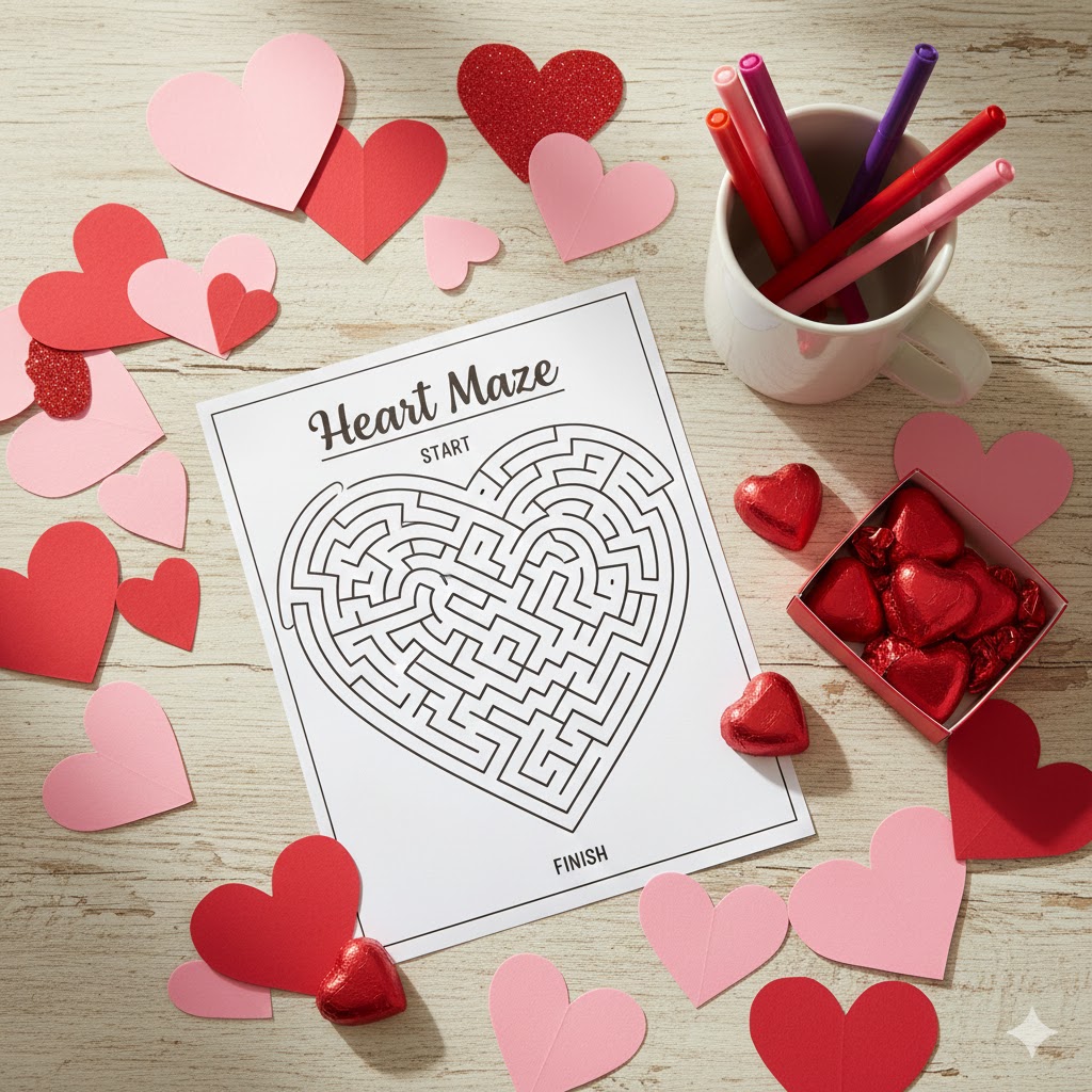 Kids solving heart maze worksheets during a classroom party